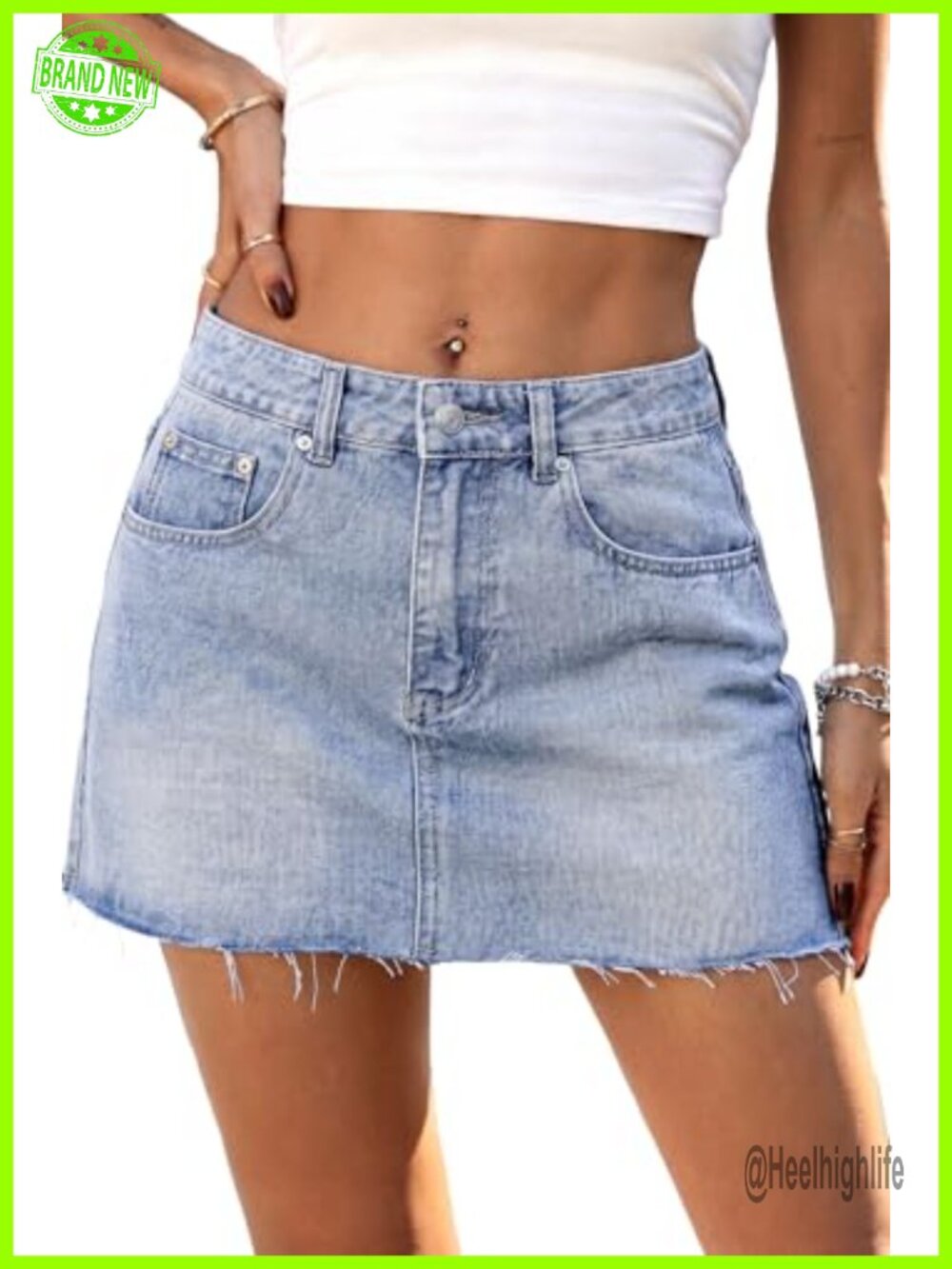 Denim Mini Skirt Cotton Blend Low Rise Raw Hem A-Line Jean Skirt